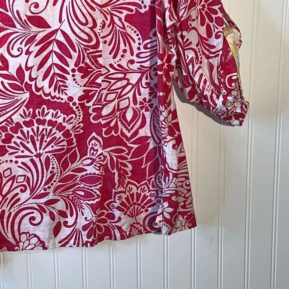 Pappagallo 3/4 Sleeve Button Up Top Women 3X Pink Yellow Tropical Peekaboo Cuffs - Picture 12 of 12